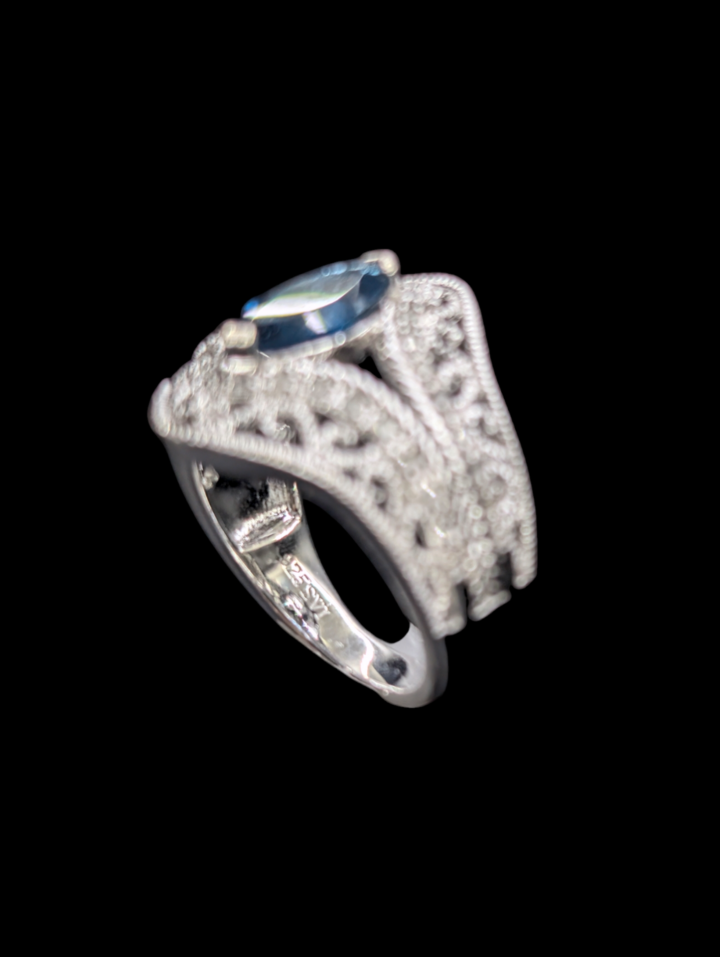 Vintage Genuine London Blue Topaz and Genuine Diamond Sterling Silver Filigree Ring