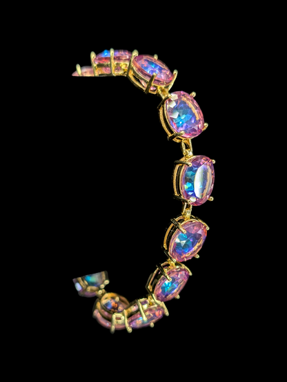 Vintage 50 Carat Genuine Pink Mystic Topaz Gemstone 18k Yellow Gold Vermeil Tennis Bracelet