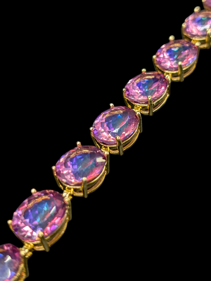 Vintage 50 Carat Genuine Pink Mystic Topaz Gemstone 18k Yellow Gold Vermeil Tennis Bracelet