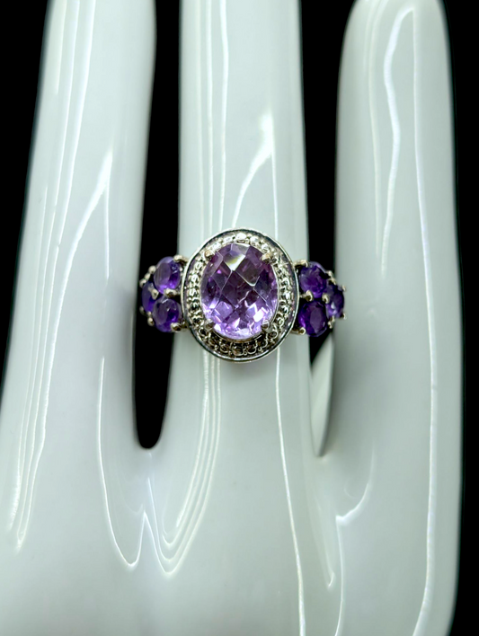 Vintage Checkerboard Cut Genuine Amethyst Solitaire Halo Sterling Silver Ring