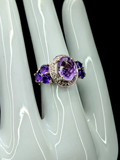 Vintage Checkerboard Cut Genuine Amethyst Solitaire Halo Sterling Silver Ring