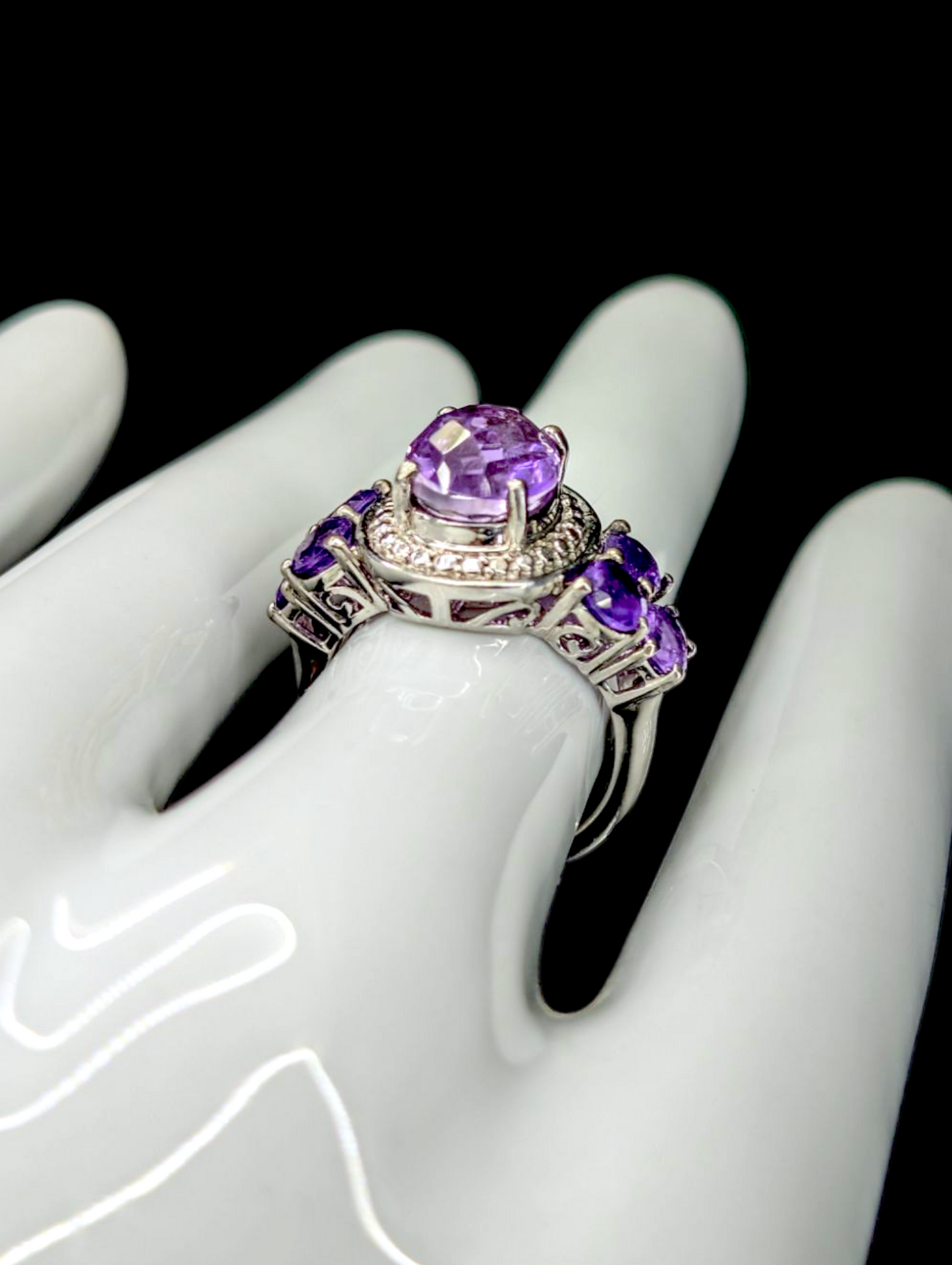 Vintage Checkerboard Cut Genuine Amethyst Solitaire Halo Sterling Silver Ring