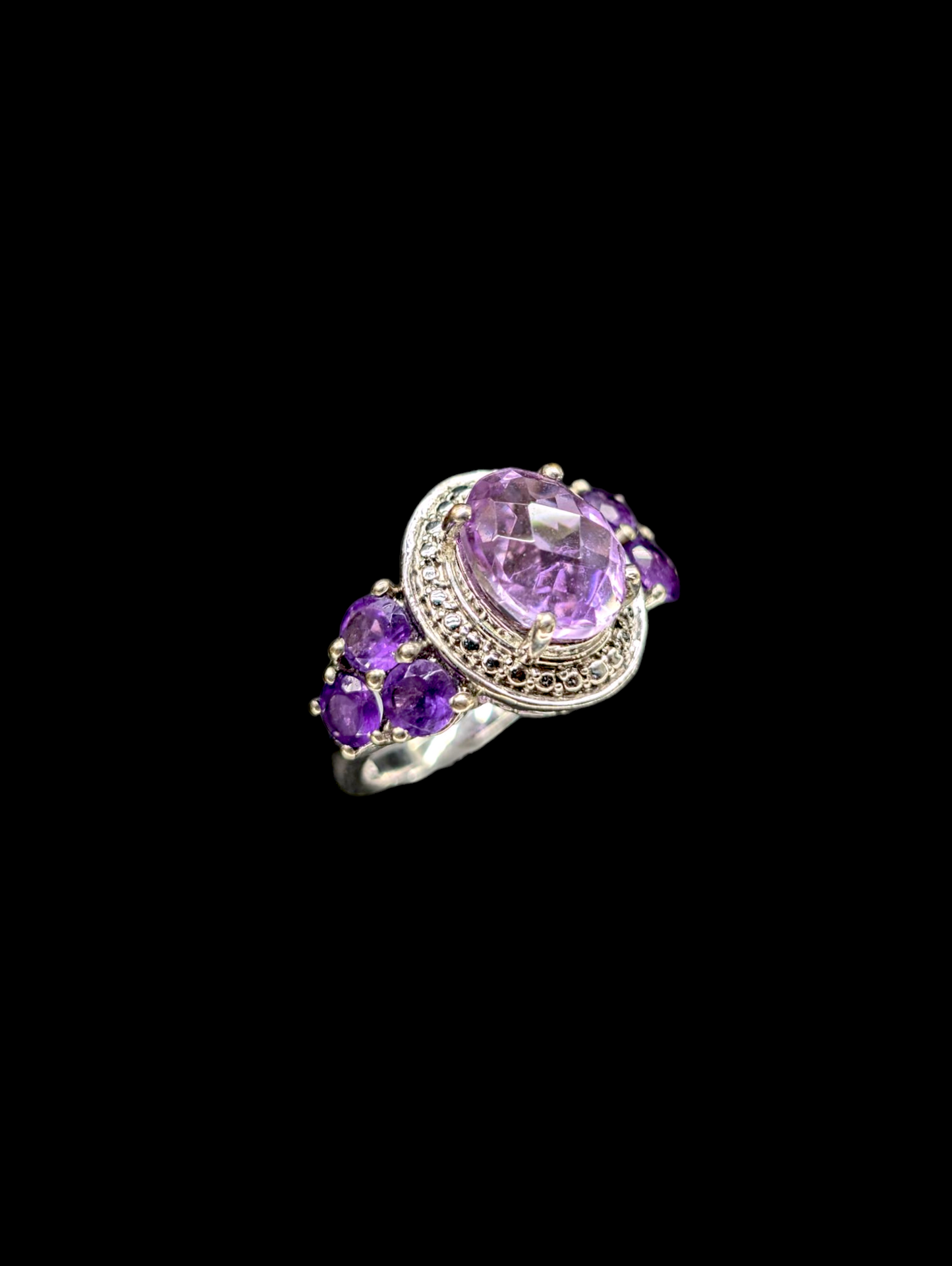 Vintage Checkerboard Cut Genuine Amethyst Solitaire Halo Sterling Silver Ring