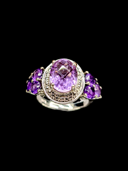 Vintage Checkerboard Cut Genuine Amethyst Solitaire Halo Sterling Silver Ring