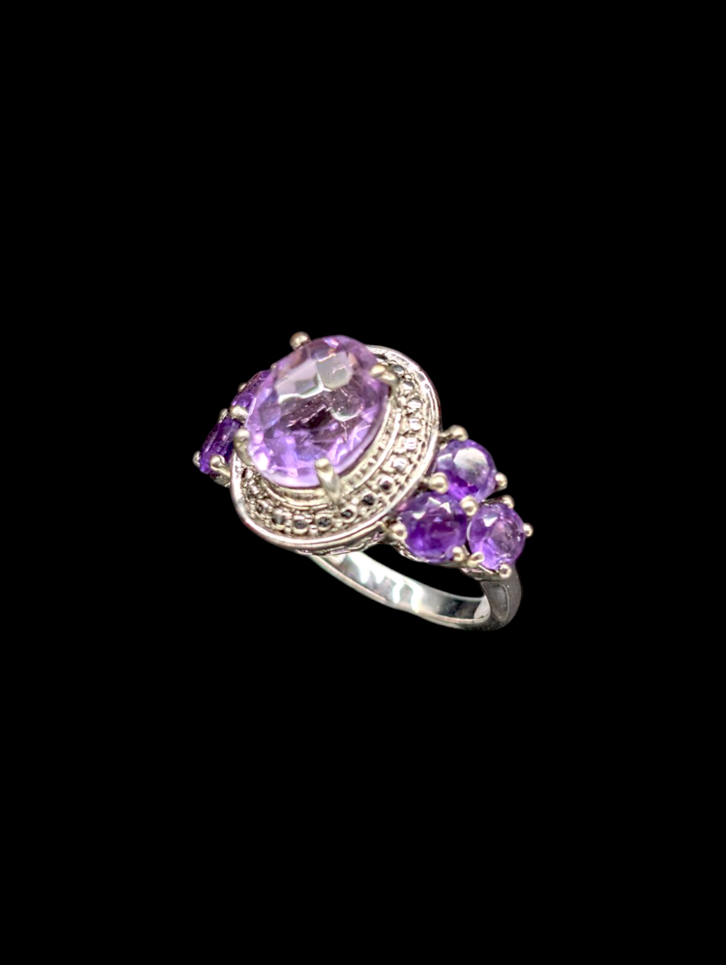 Vintage Checkerboard Cut Genuine Amethyst Solitaire Halo Sterling Silver Ring