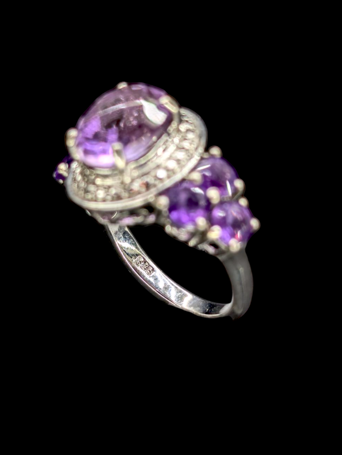 Vintage Checkerboard Cut Genuine Amethyst Solitaire Halo Sterling Silver Ring