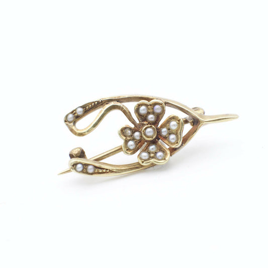Late Victorian Era Seed Pearl and 14K Solid yellow Gold Wishbone Floral Pin