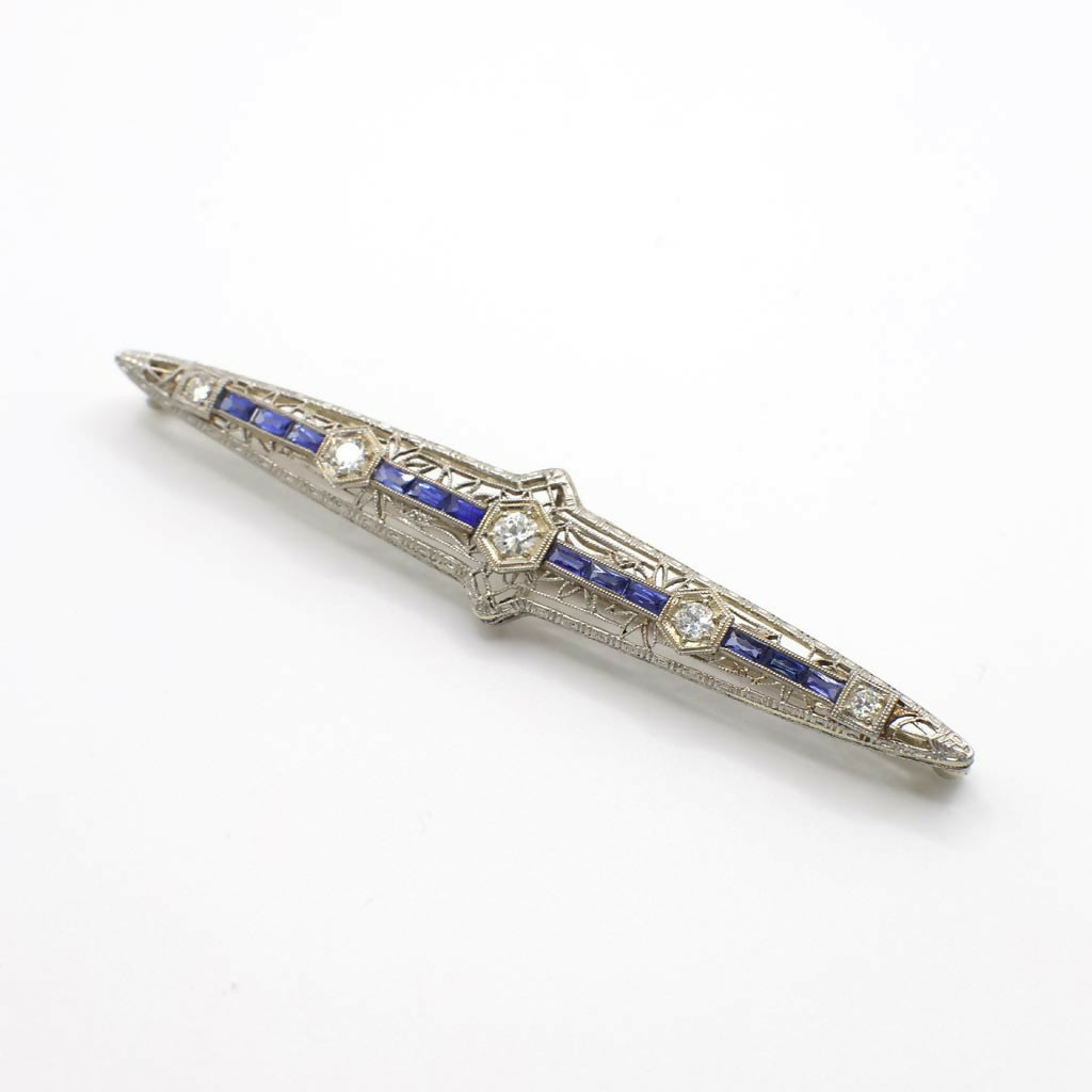 Circa 1920-1930s Edwardian Style Genuine Diamond and Sapphire Filigree Bar Pin in 14K White Gold