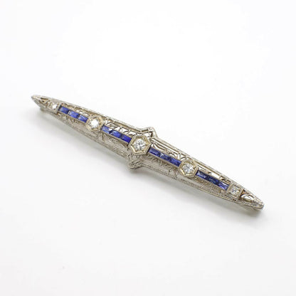 Circa 1920-1930s Edwardian Style Genuine Diamond and Sapphire Filigree Bar Pin in 14K White Gold