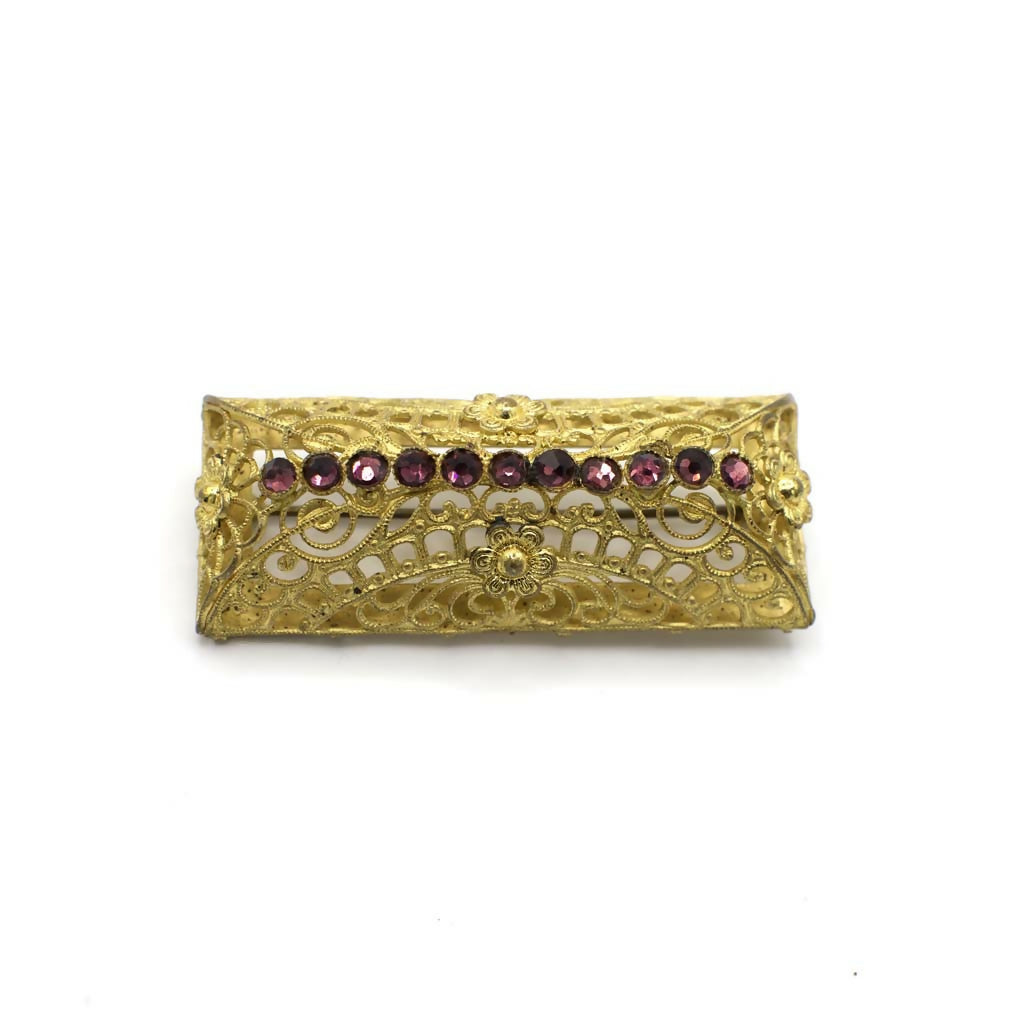 Vintage Rhinestone Gold Tone Filigree Cage Bar Pin