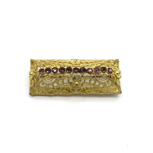 Vintage Rhinestone Gold Tone Filigree Cage Bar Pin