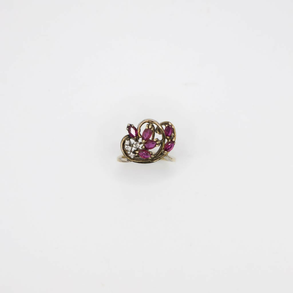 Vintage Genuine Diamond and Ruby Statement Ring In 14K Yellow Gold