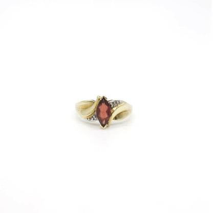 Vintage Genuine Diamond and Marquise Cut Garnet Ring In 10K Yellow Gold