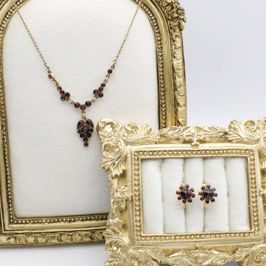 Circa 1930 Vintage "Germany" Signed Garnet Necklace and Earring Set in 10K Solid Yellow Gold
