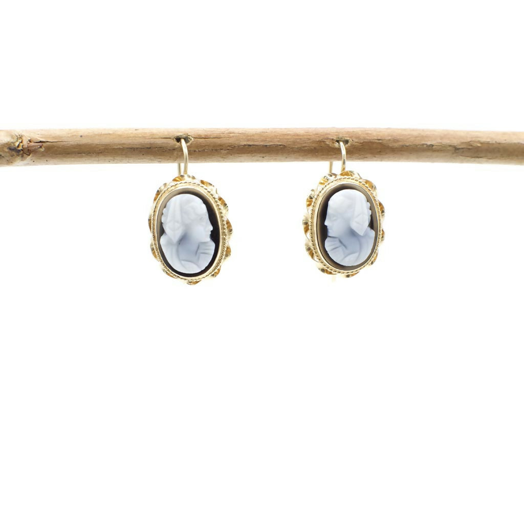 Vintage Genuine Onyx and 14K Yellow Gold Cameo Earrings