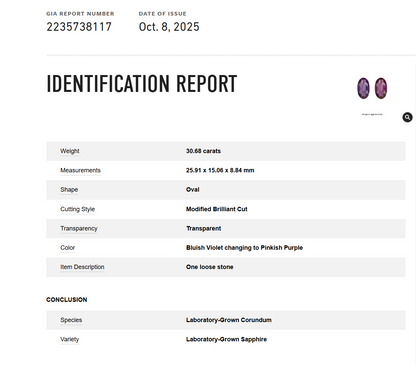 GIA Certified Rare 30+ Carat Blue to Pink Color Change Genuine Sapphire Oval Brilliant Cut