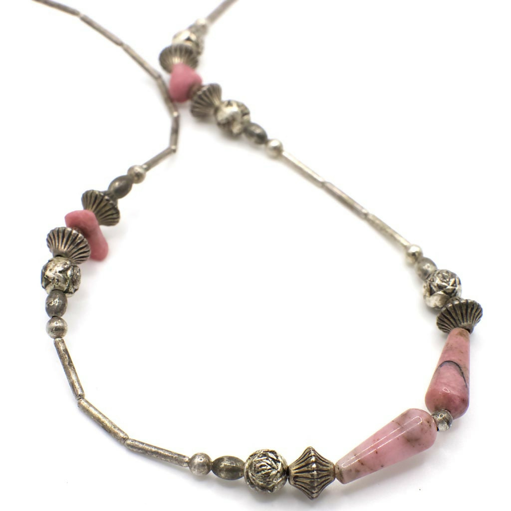 Vintage Rhodonite and Silver Beaded Necklace