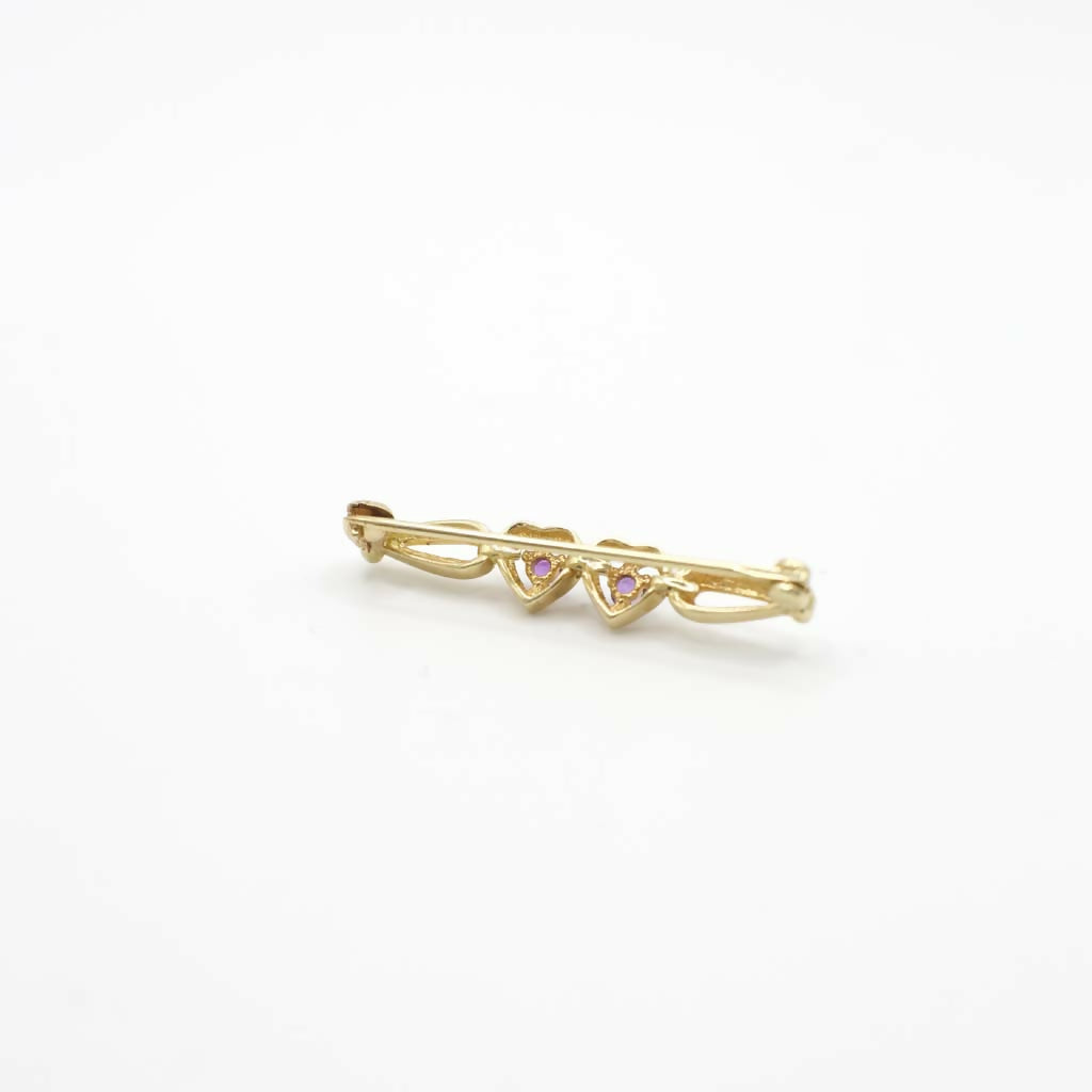 Vintage Genuine Amethyst Two Hearts Pin In 14K Yellow Gold