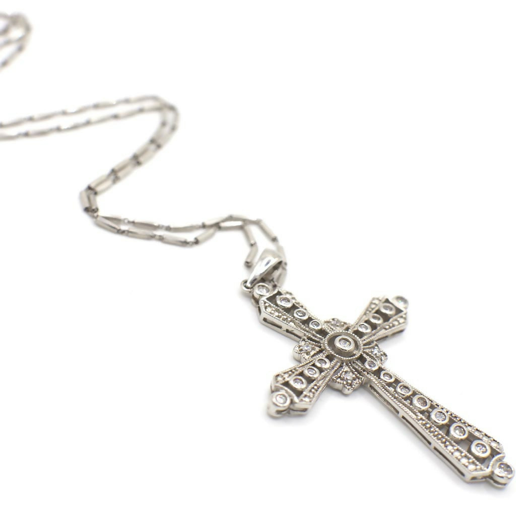 Vintage Sterling Silver Filigree and Simulated Diamond Cross Pendant Necklace