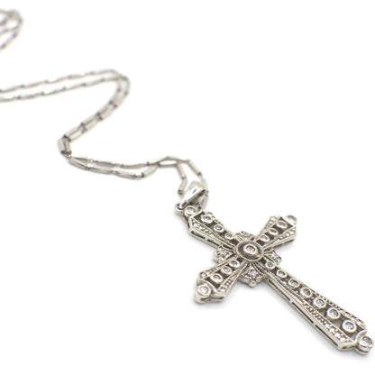 Vintage Sterling Silver Filigree and Simulated Diamond Cross Pendant Necklace