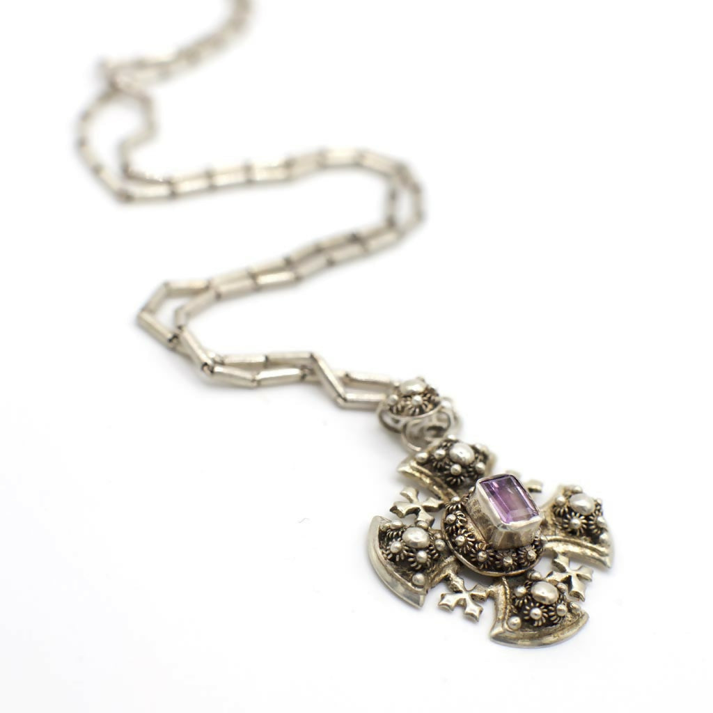 Vintage Genuine Amethyst Crusader Cross Pendant Necklace In Silver