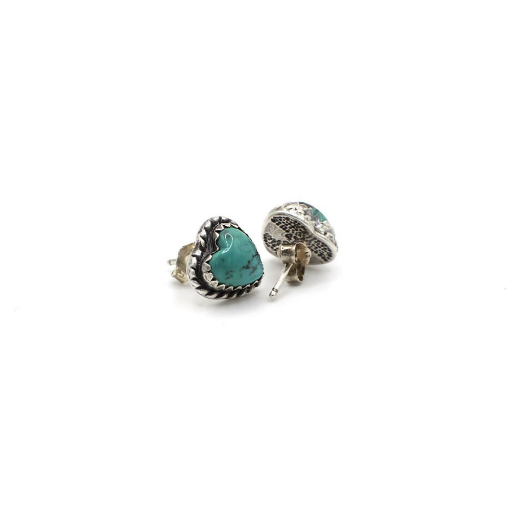 Vintage Genuine Turquoise and Sterling Silver Heart Stud Earrings