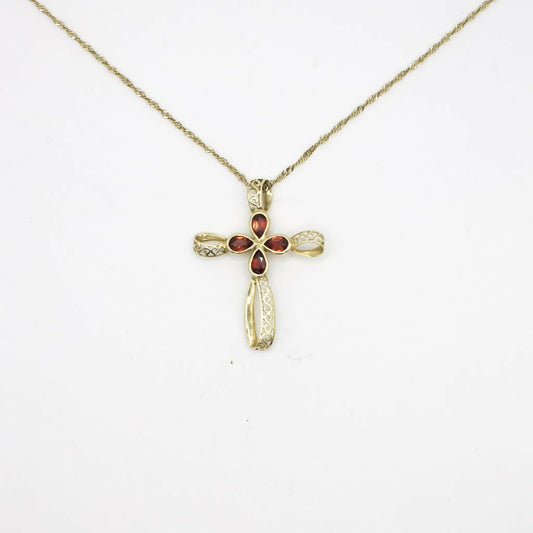 Vintage Genuine Garnet and 10K Yellow Gold Filigree Cross Pendant Necklace