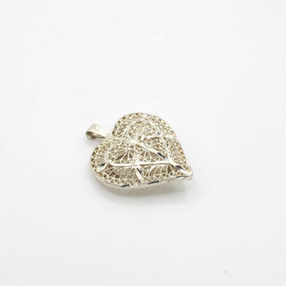 Vintage 14K White Gold Filigree Puff Heart Pendant