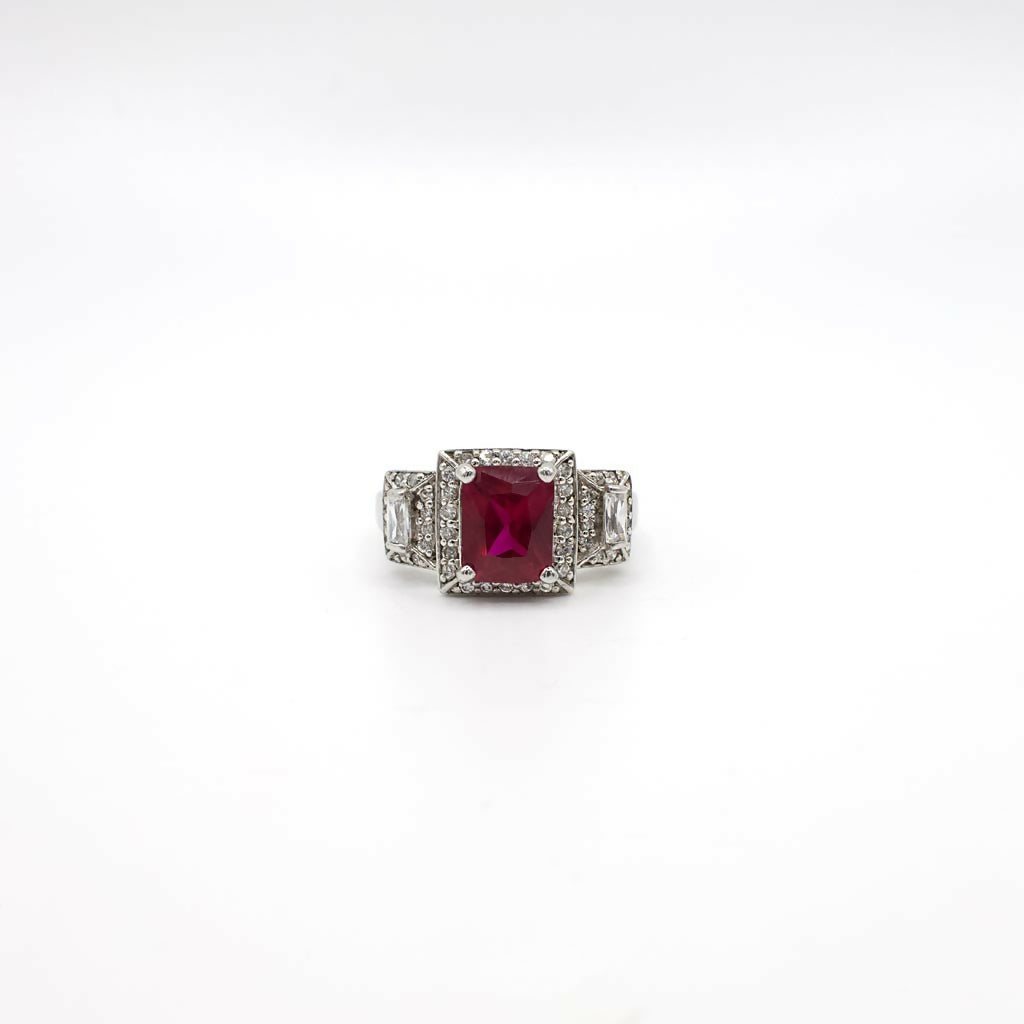 Vintage Genuine Ruby and Simulated Diamond Sterling Silver Ring