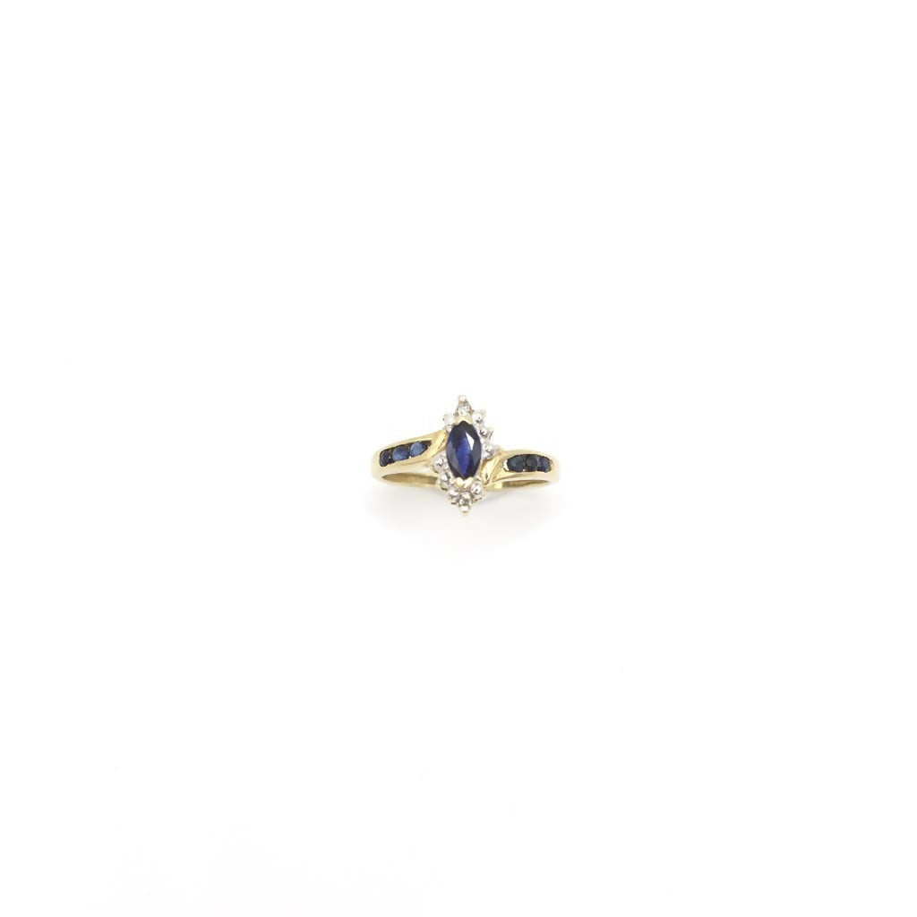 Vintage Genuine Earth Mined Marquise and Round Cut Sapphire and Diamond Pinky Ring In 14K Yellow Gold