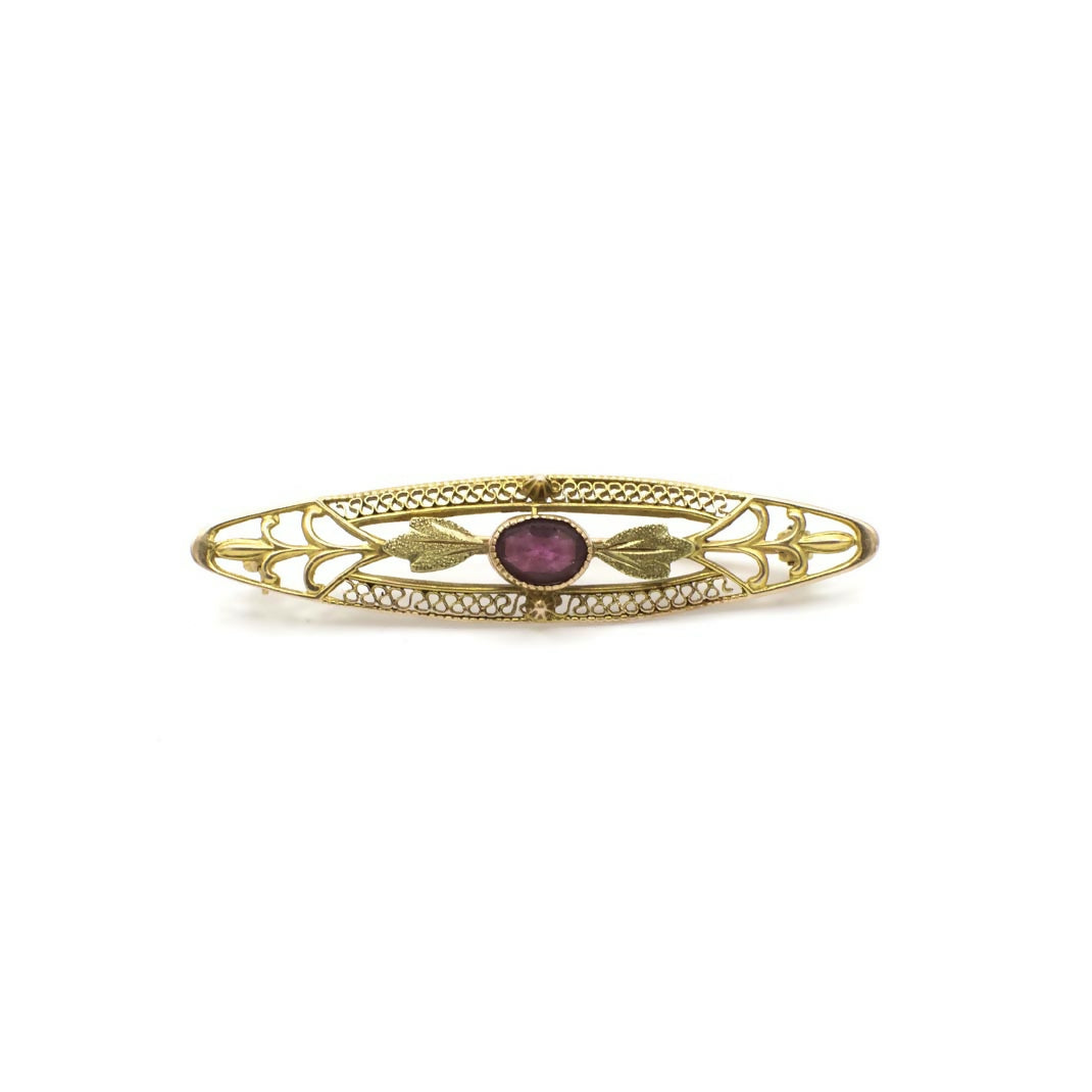 Antique 10K Yellow Gold Filigree Amethyst Pin