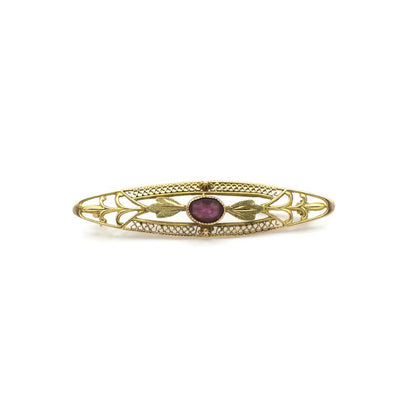 Antique 10K Yellow Gold Filigree Amethyst Pin