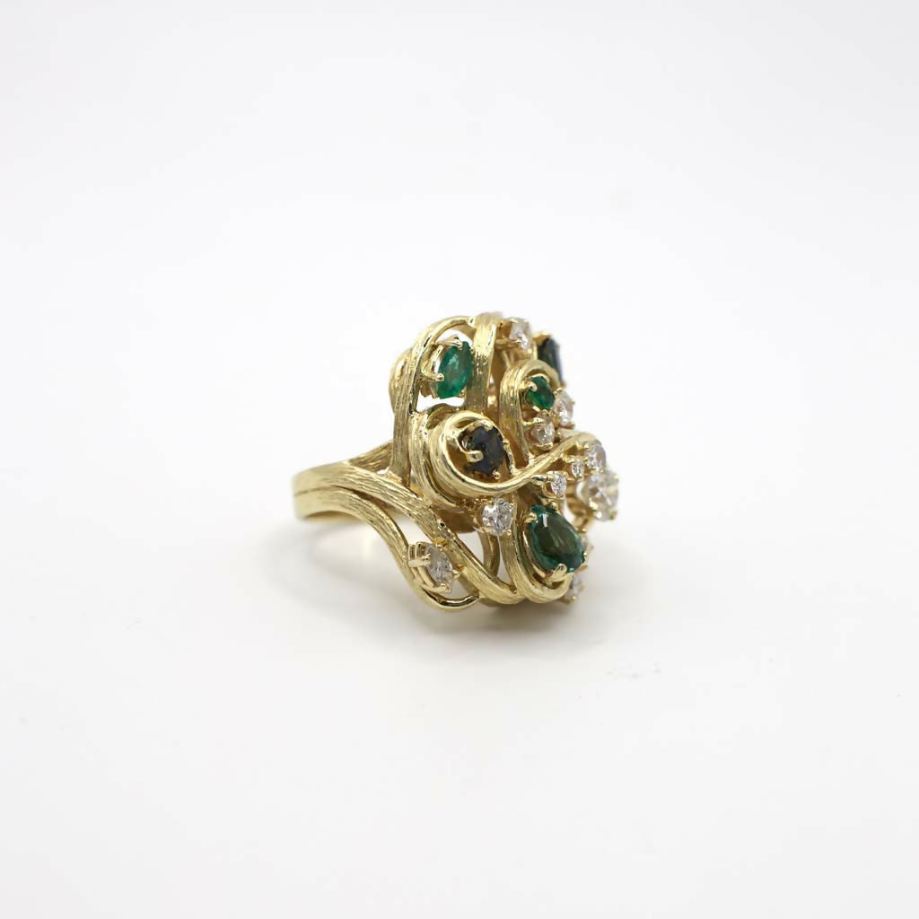 Rare Vintage Genuine Diamond, Sapphire, and Emerald Statement Ring In 14K Yellow Gold
