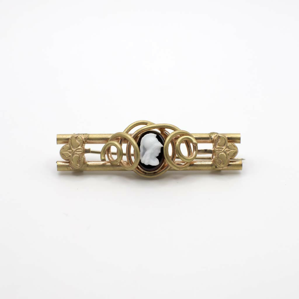 Antique Victorian Simulated Onyx Gold Tone Wrapped Cameo Pin