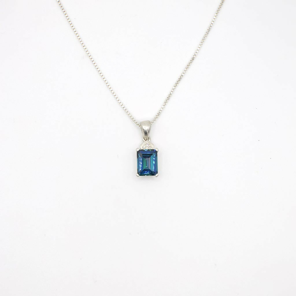 Vintage Emerald Cut Blue Green Gemstone and Sterling Silver Necklace