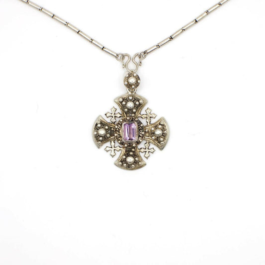 Vintage Genuine Amethyst Crusader Cross Pendant Necklace In Silver