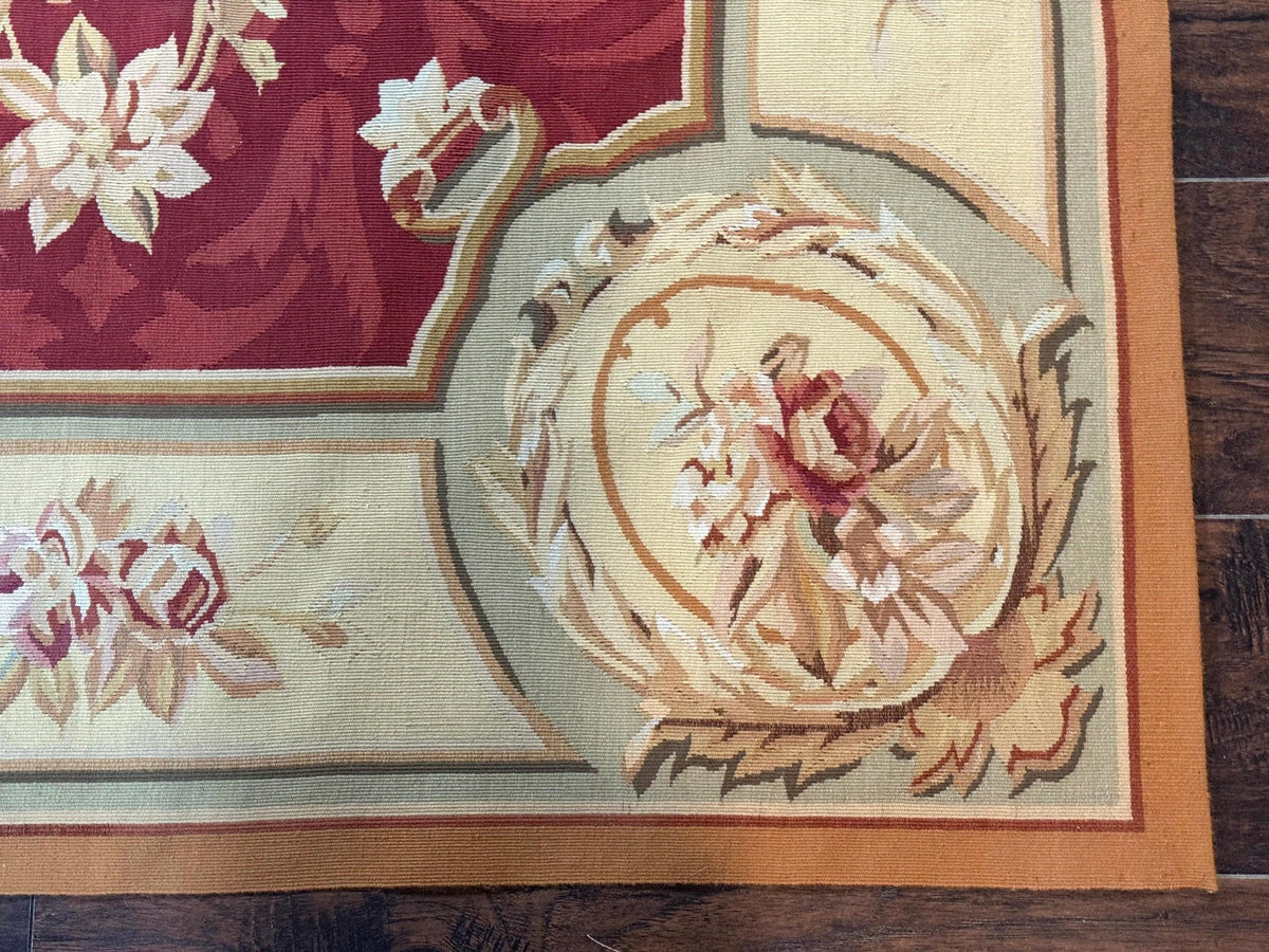 Aubusson Rug 4x6, Red, Floral, European Design, Vintage, Wool
