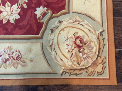 Aubusson Rug 4x6, Red, Floral, European Design, Vintage, Wool
