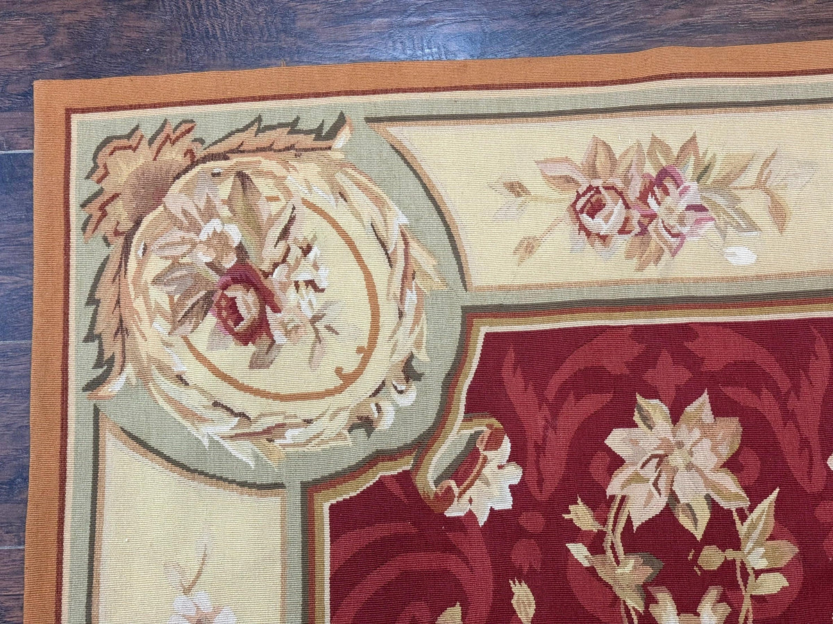 Aubusson Rug 4x6, Red, Floral, European Design, Vintage, Wool