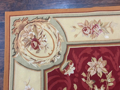 Aubusson Rug 4x6, Red, Floral, European Design, Vintage, Wool