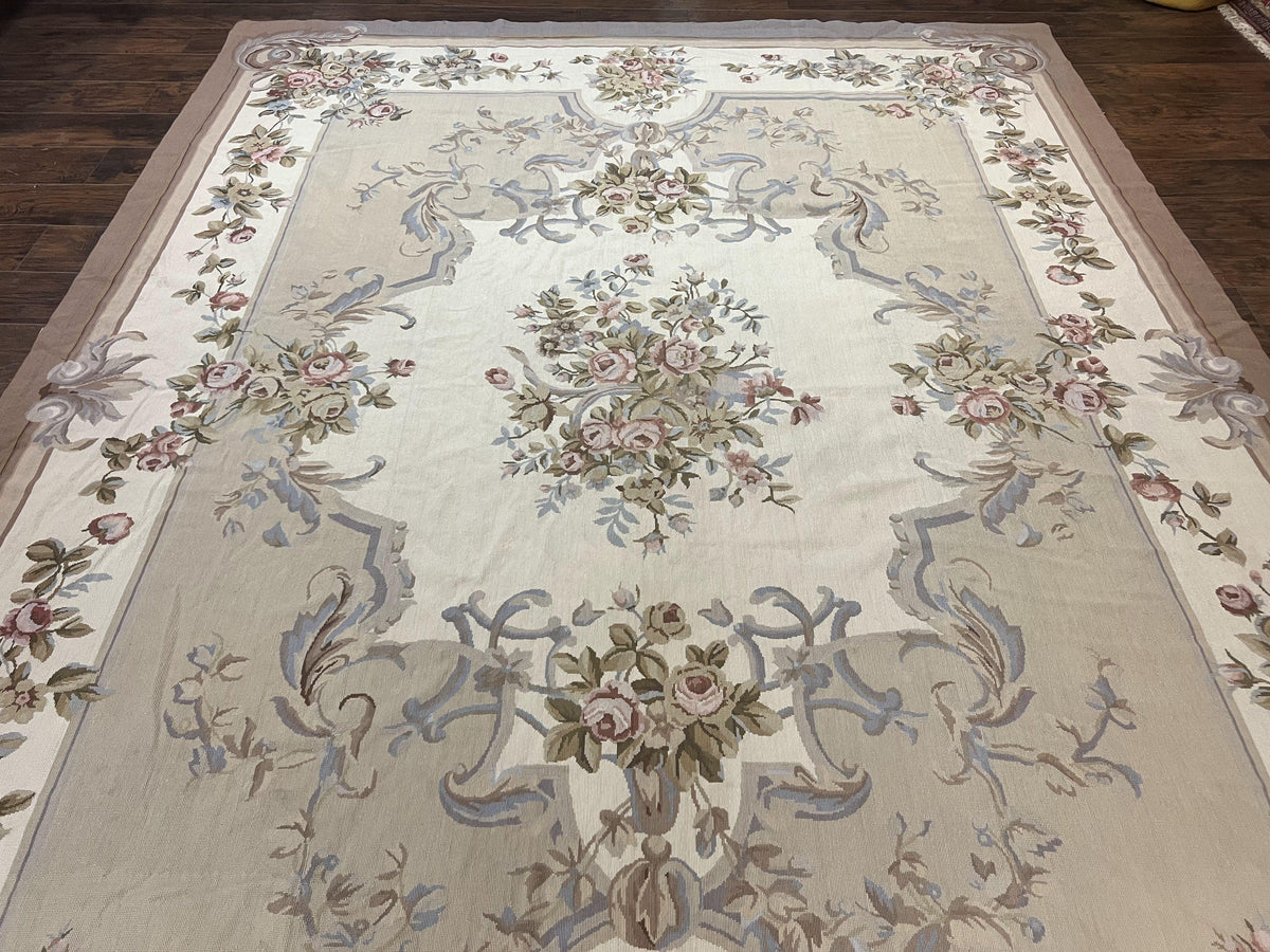 Aubusson Needlepoint Rug 9x12, VIntage Handmade Wool Beige Floral European Elegant Rug 9 x 12, Floral Roses