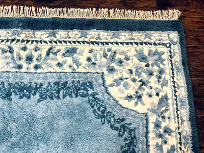 Indo Chinese Aubusson Rug 6x9, Light Blue and Ivory, Handmade Vintage Wool Carpet