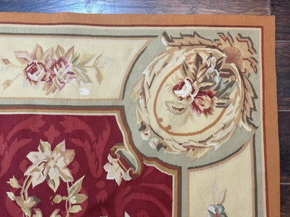 Aubusson Rug 4x6, Red, Floral, European Design, Vintage, Wool