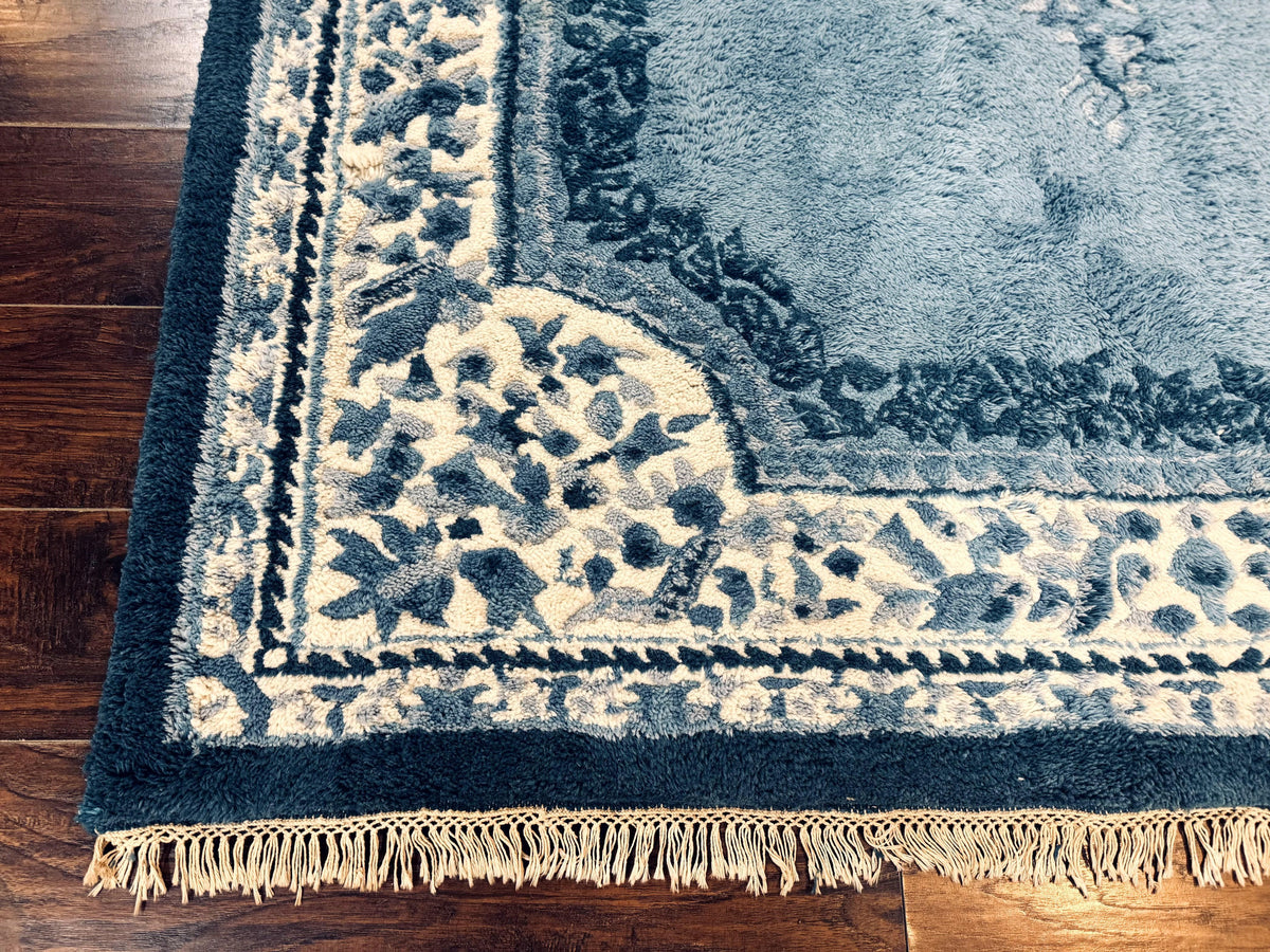 Indo Chinese Aubusson Rug 6x9, Light Blue and Ivory, Handmade Vintage Wool Carpet