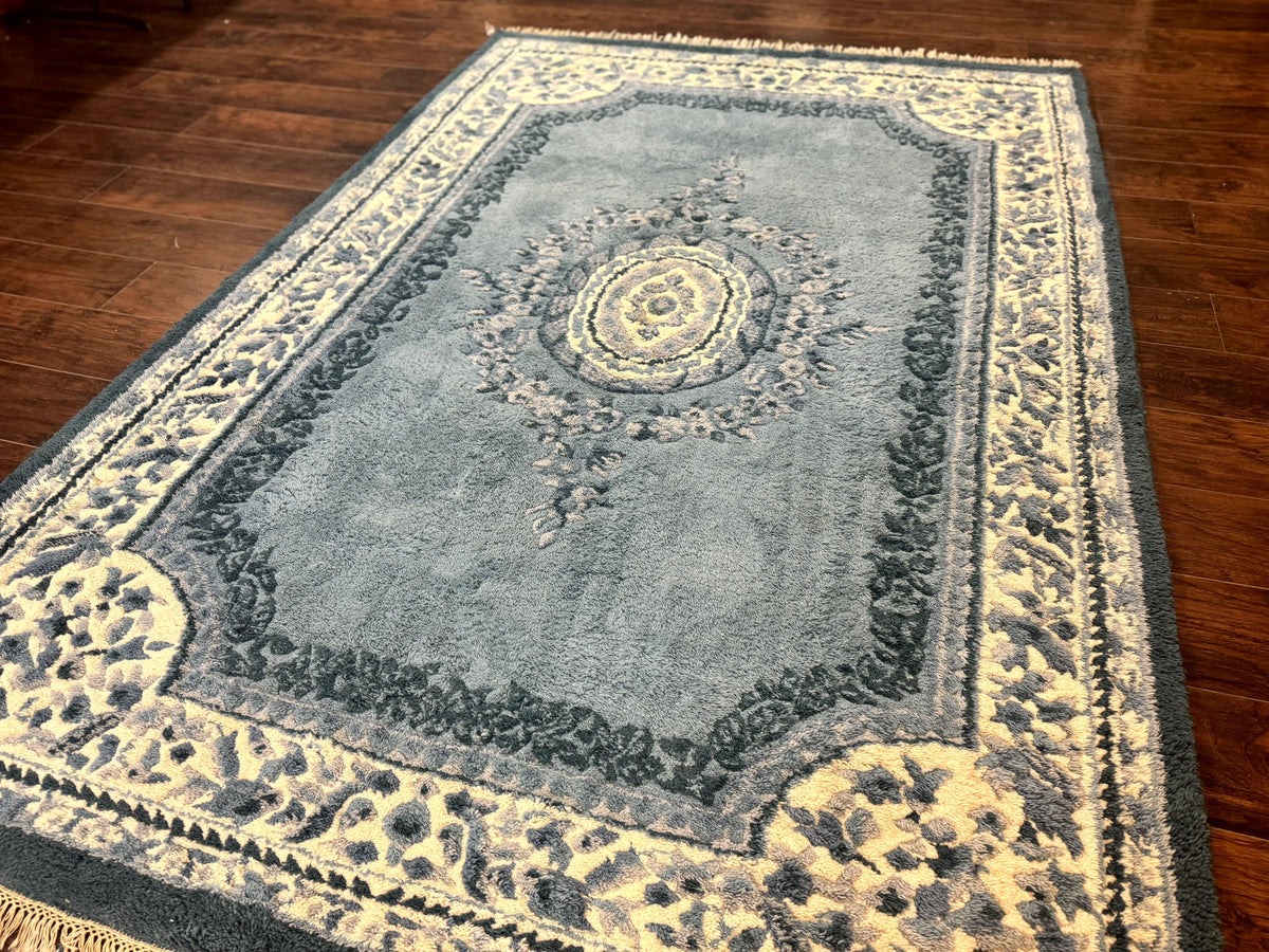 Indo Chinese Aubusson Rug 6x9, Light Blue and Ivory, Handmade Vintage Wool Carpet
