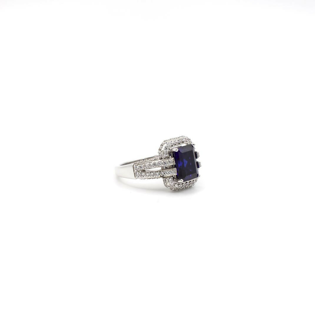 Vintage Art Deco Inspired Genuine Sapphire and CZ Pendant Sterling Silver Necklace and Ring Set