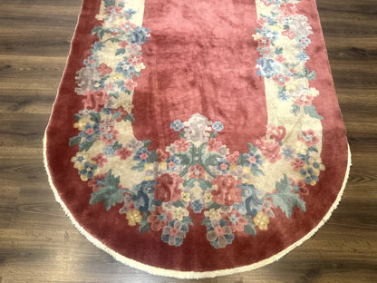 Oval Chinese Peking Rug 5x8, Pink, Floral, Vintage Chinese Wool Carpet