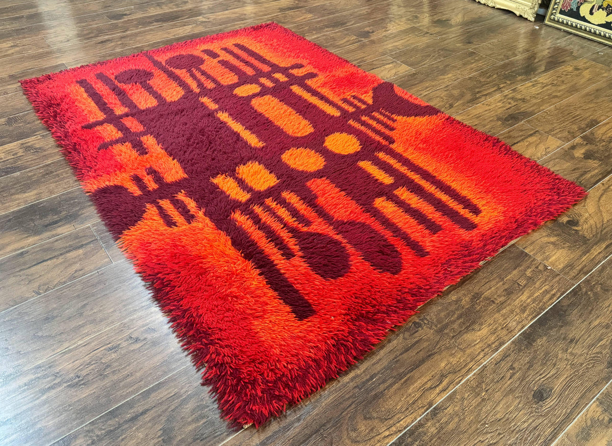 Danish Rya Shag Rug 4x6, Red Vintage Mid Century Retro Abstract Shag Rug