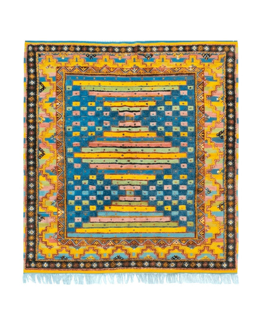 Colorful Moroccan Rug 7x8, Abstract Design, Wool Multicolor Handmade Vintage Carpet, Tribal Rug, Berber Rug