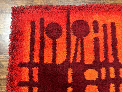 Danish Rya Shag Rug 4x6, Red Vintage Mid Century Retro Abstract Shag Rug